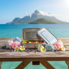 Stainless steel lunch box with adaptable divider and BPA-free silicone ring, leakproof and durable for food on the go