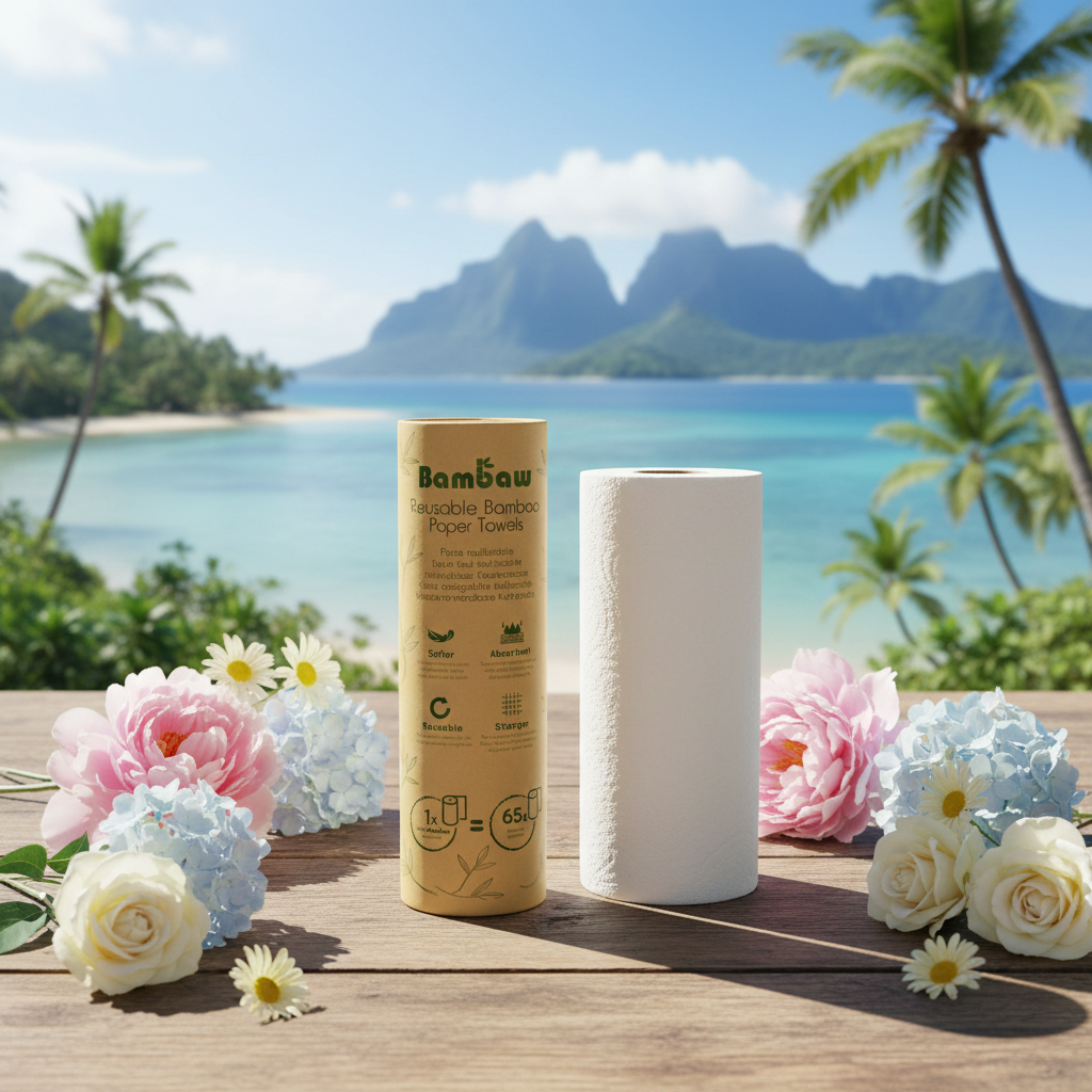 Reusable bamboo paper towels roll with 20 perforated sheets, eco-friendly and highly absorbent alternative to disposable towels