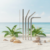 Set of flexible stainless steel straws with cleaning brush and jute bag, eco-friendly and reusable alternative to plastic straws